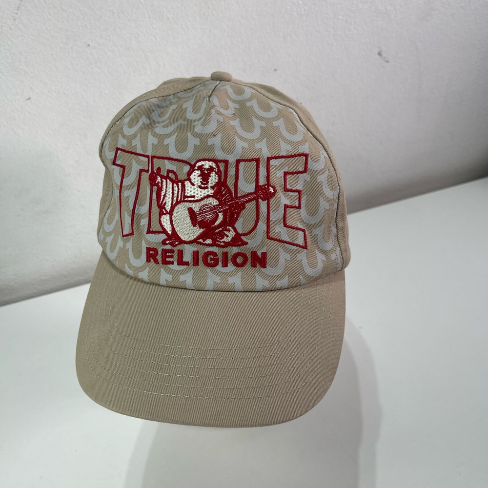 True Religion Hat Cap Snap Back Beige Buddha Logo Red Embroidered Trucker